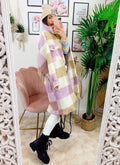 Giacca a quadri lilla/beige lunga con frange