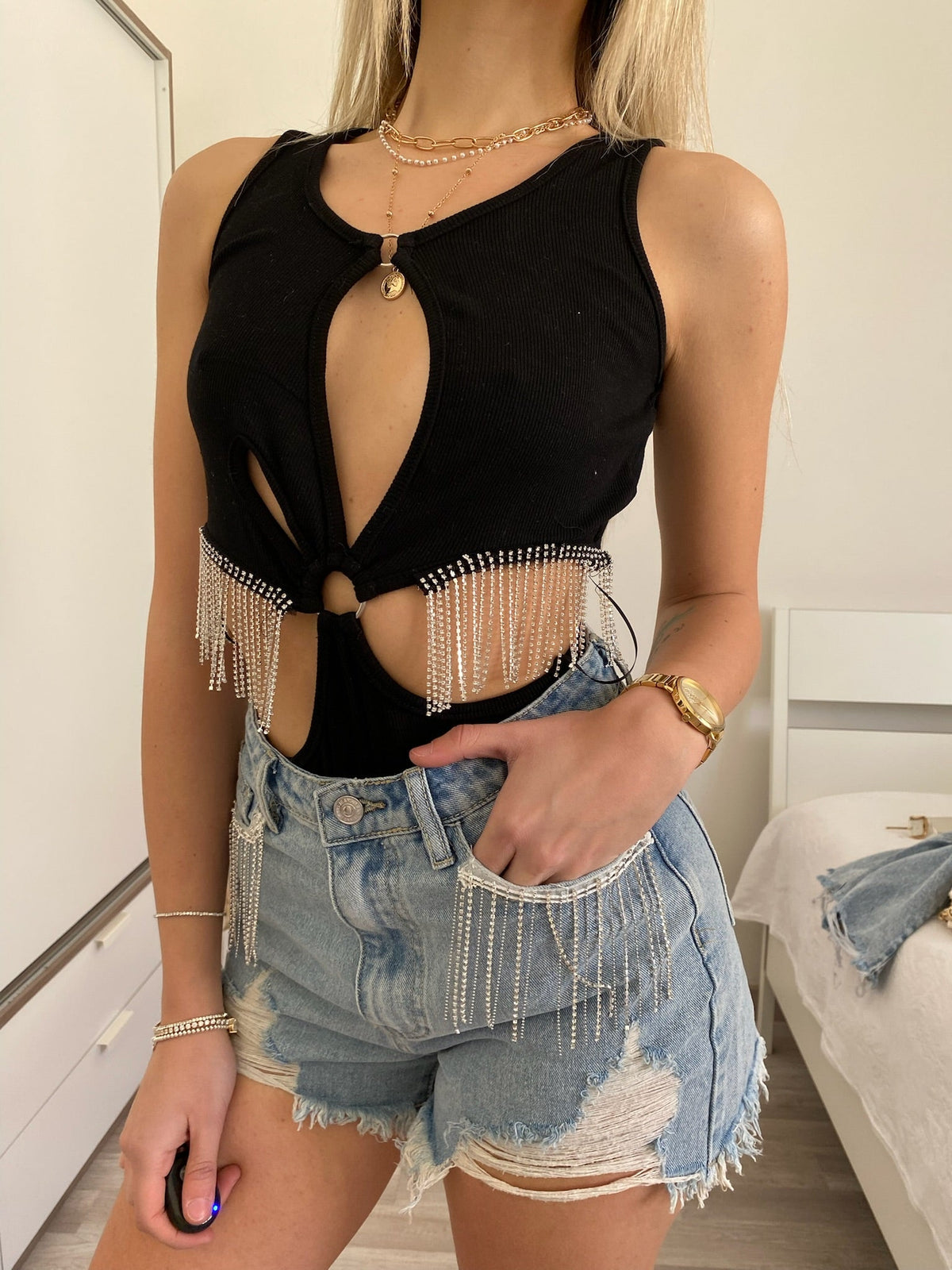 Body con frange e strass nero