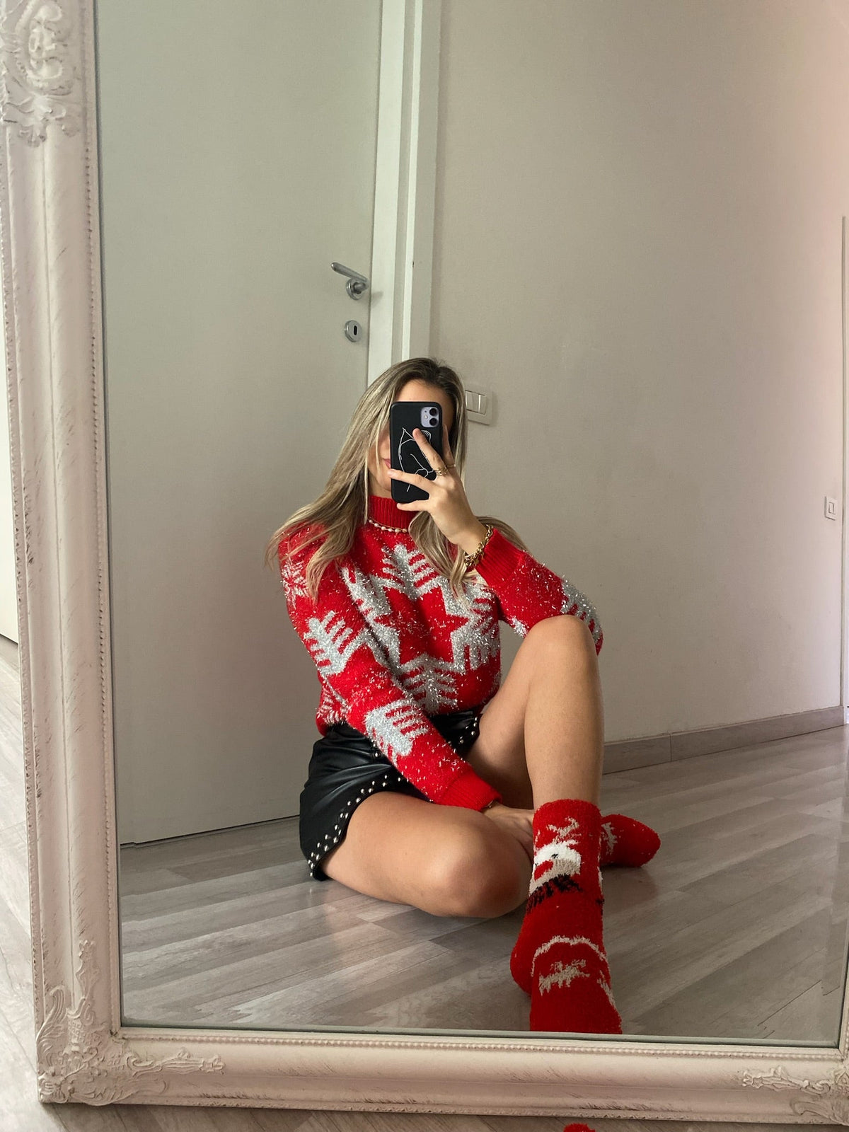 Maglione fiocco di neve rosso e argento