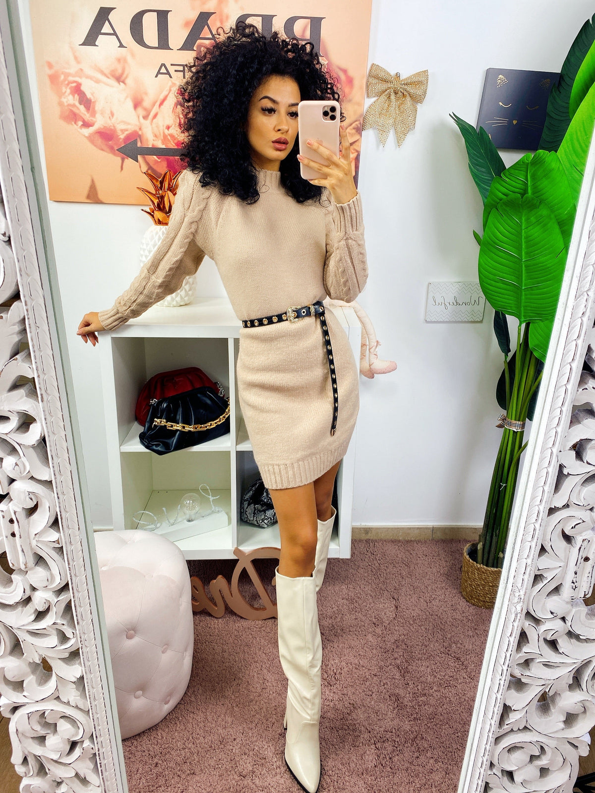 Abito in maglia con trecce e spalline Beige