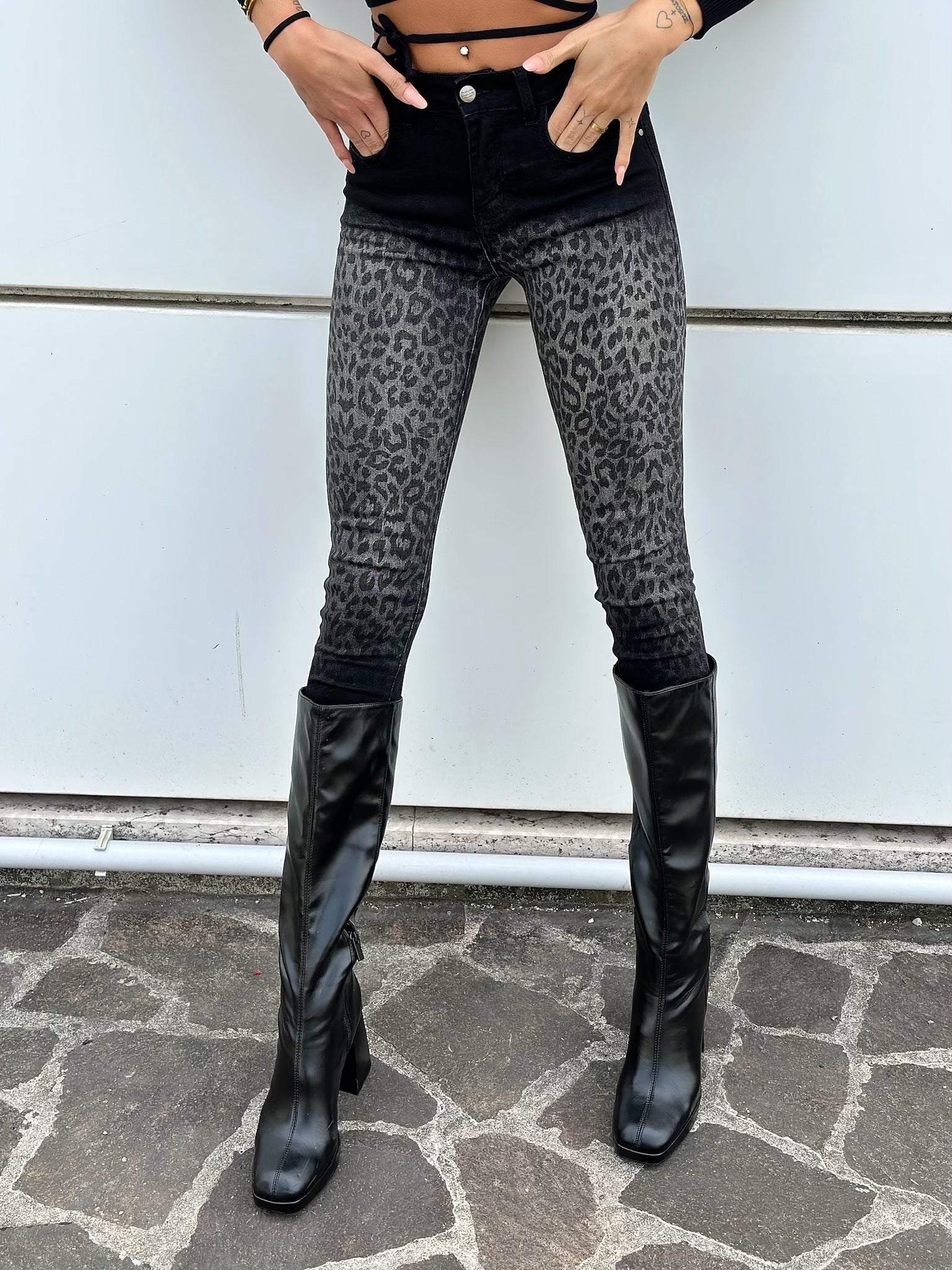 Jeans skinny animalier nero