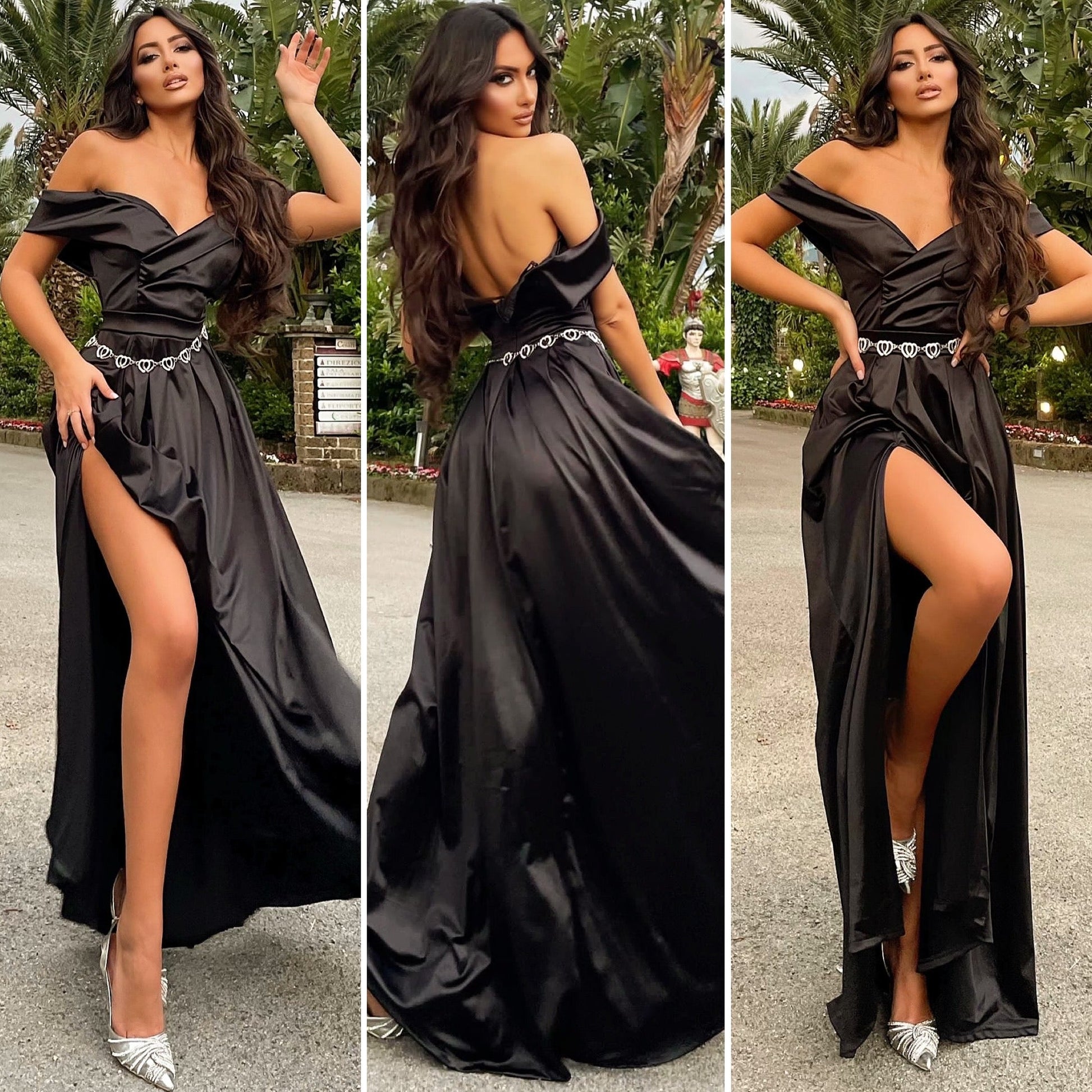 Abito in raso nero scollo a barchetta