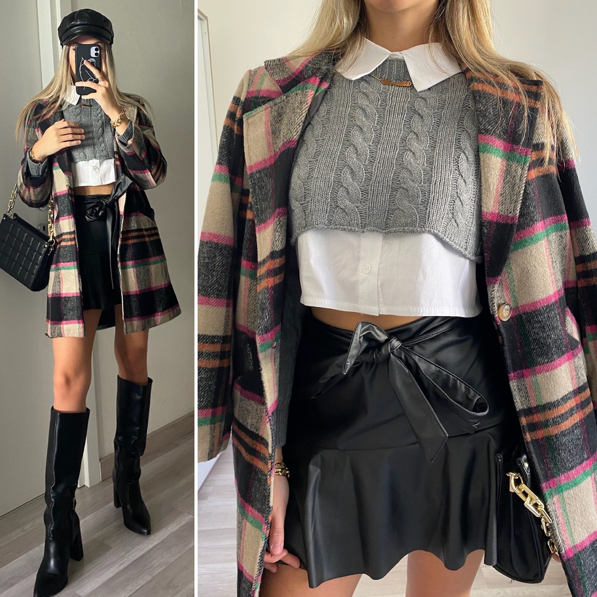 Cappotto check trama nude Fuxia