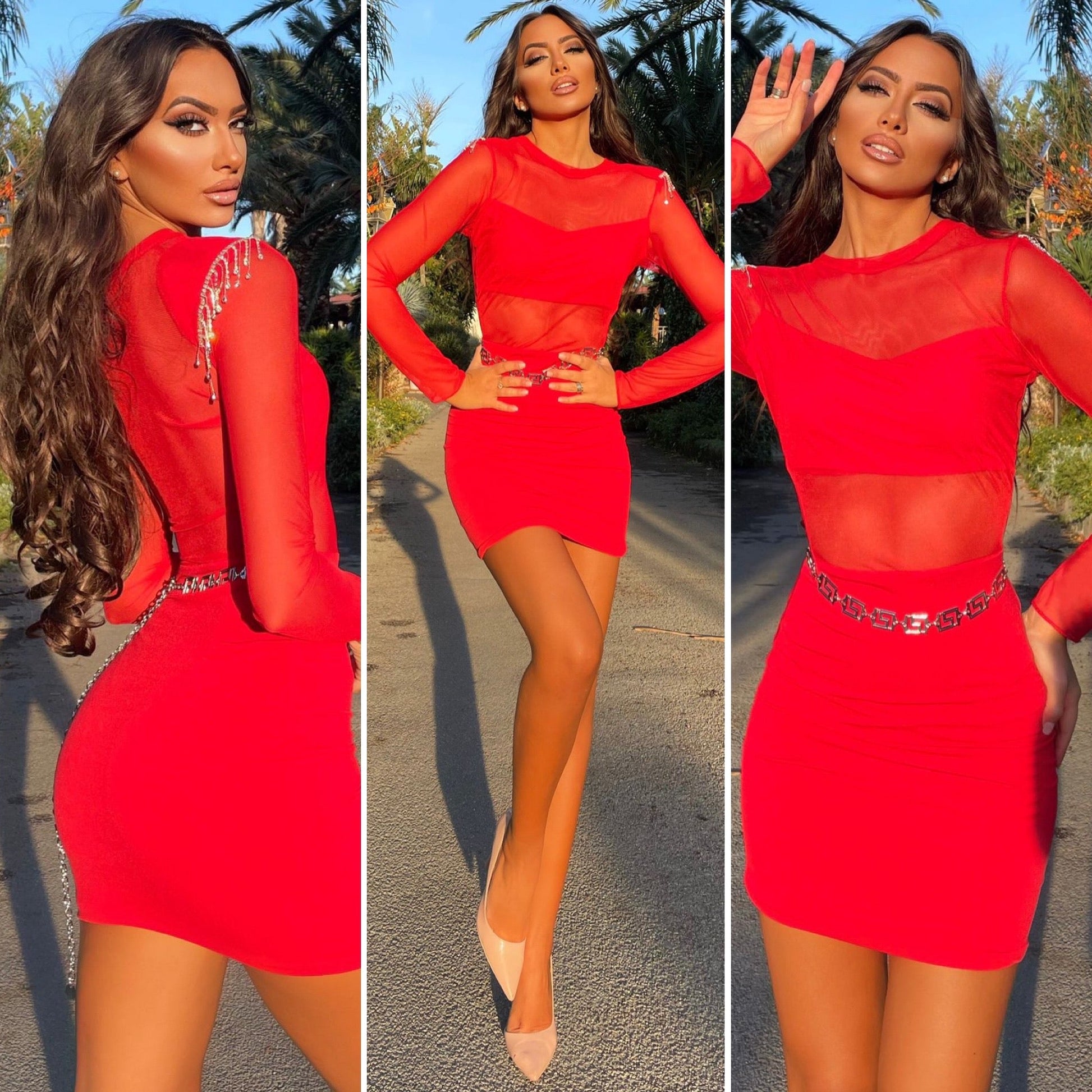 Tubino rosso con trasparenze e strass