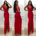Abito aderente con scollo a V e spacco rosso