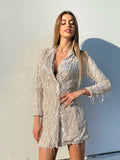 Abito nude frange in paillettes argento
