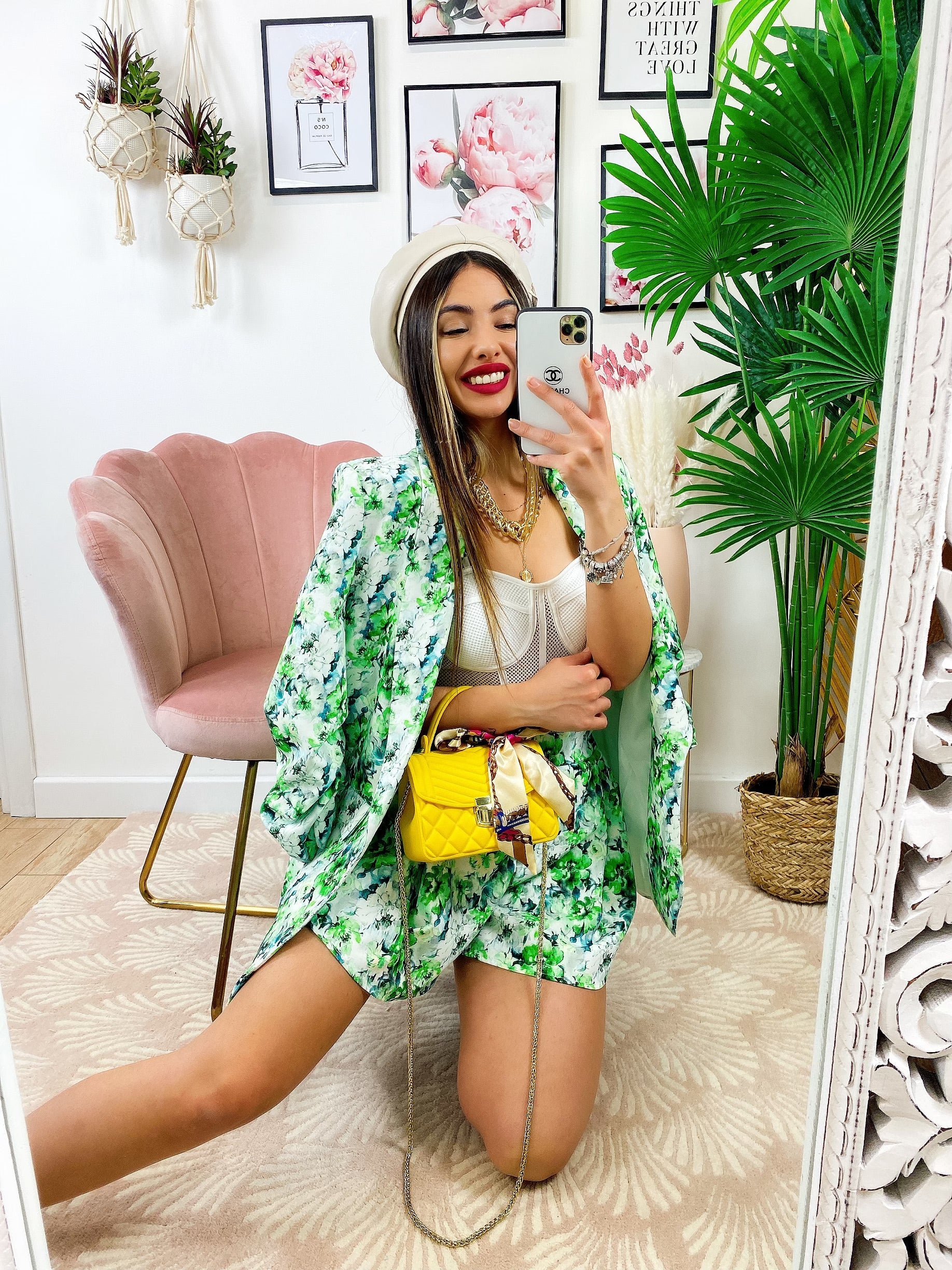 Completo Giacca e Short fiori verdi