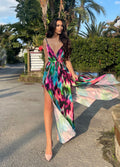 Abito lungo con doppio spacco multicolor