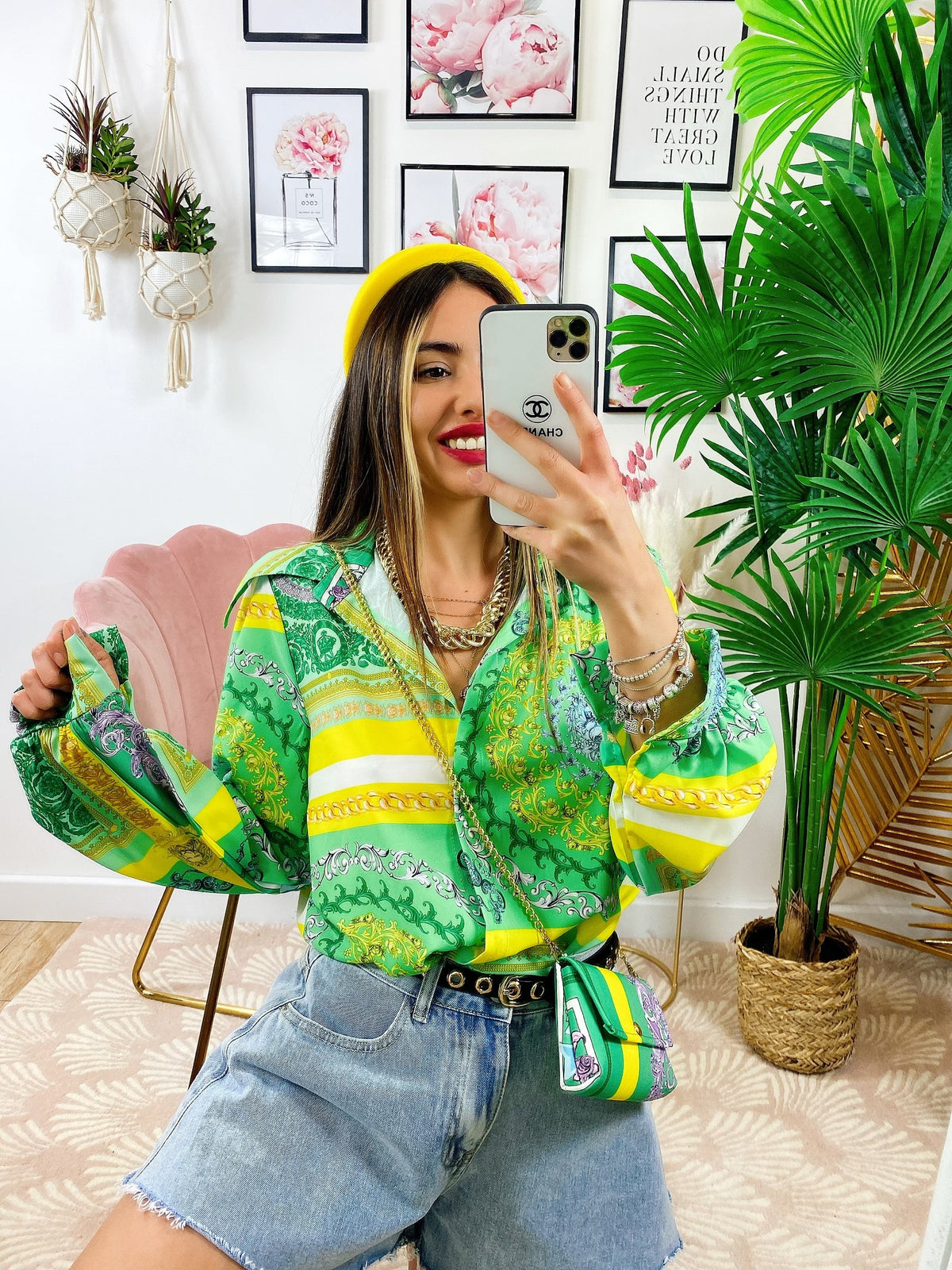 Camicia etnica dettaglio verde con borsetta