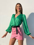 Body in raso scollo a V verde smeraldo