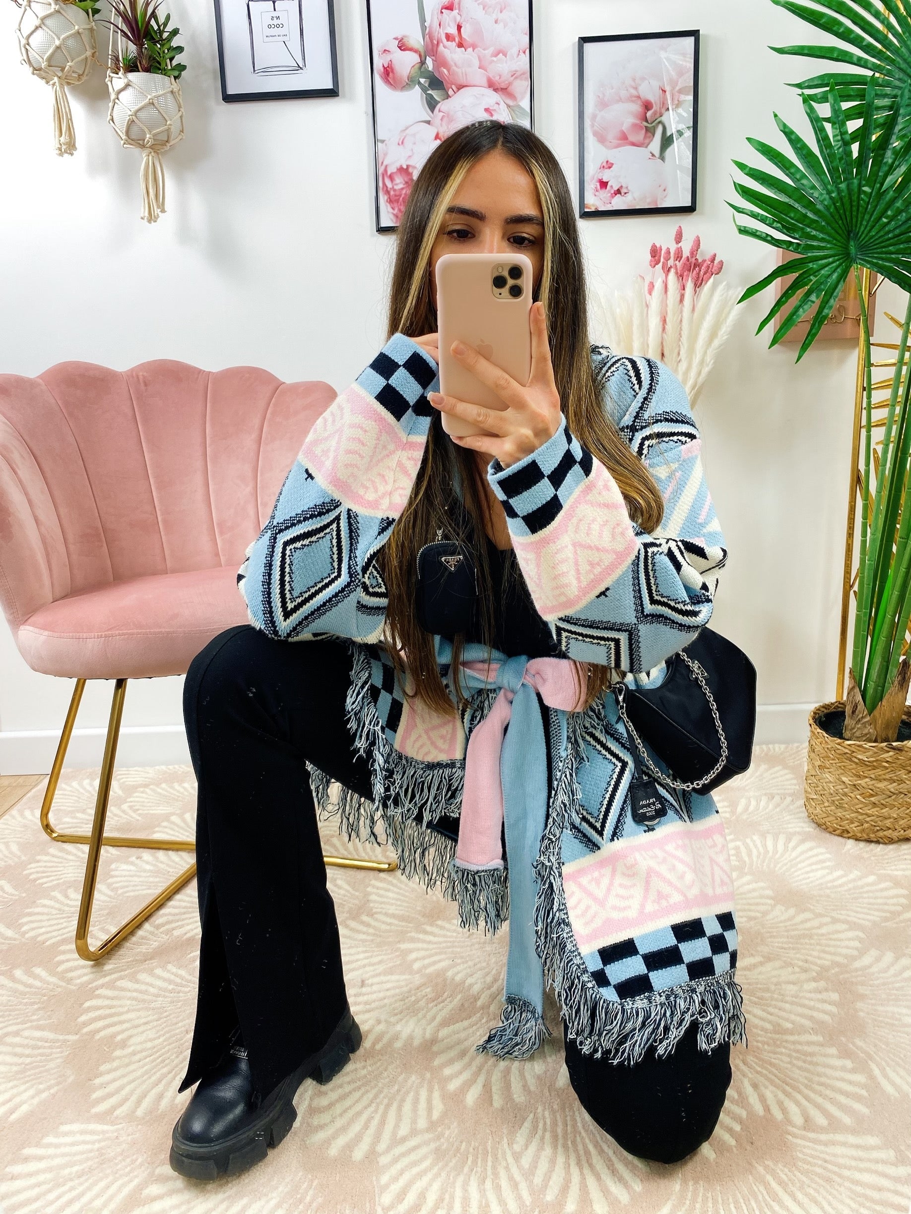 Cardigan frange e cinta celeste