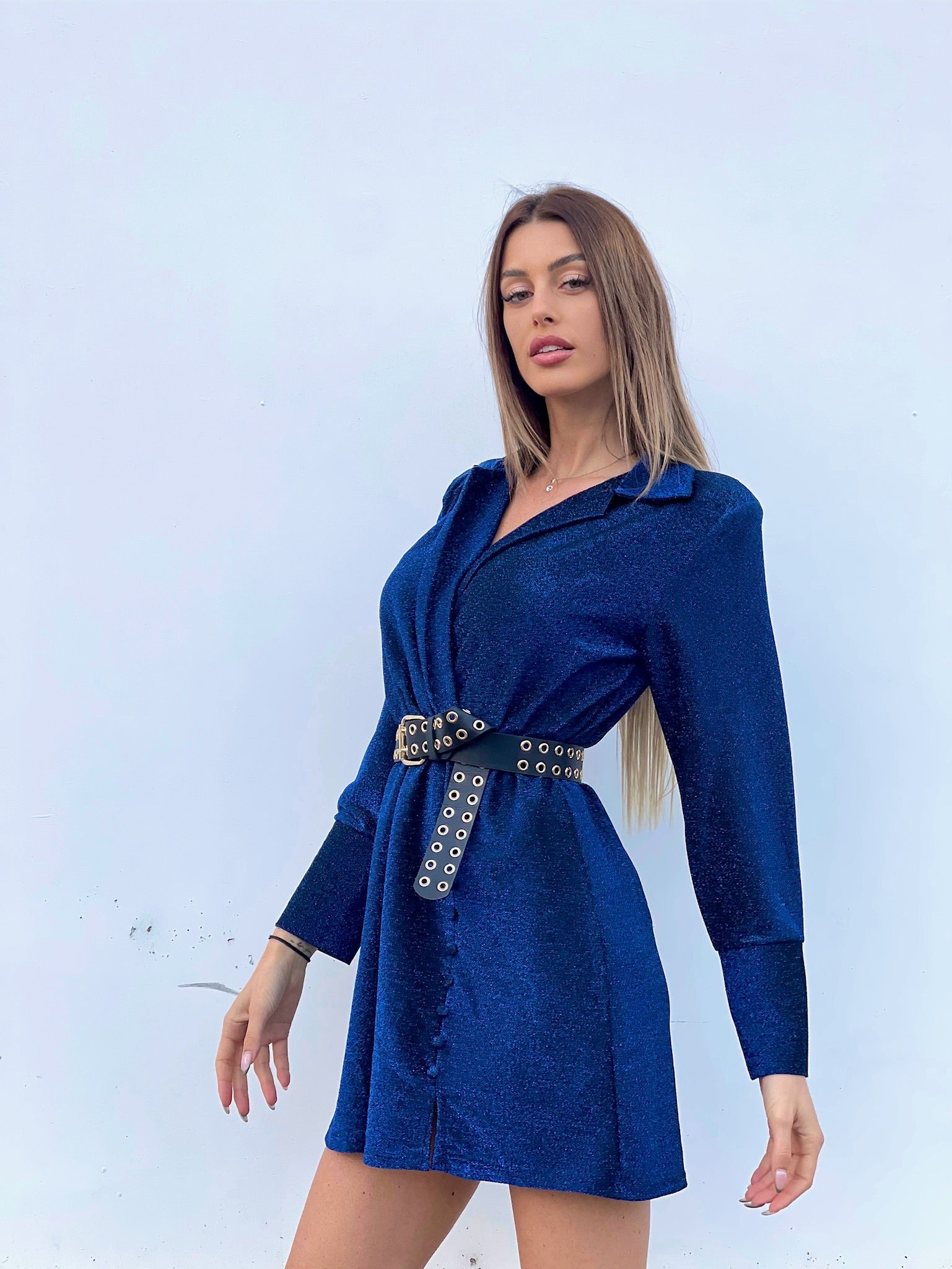 Abito glitter blu con colletto