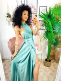 Abito in raso con maxi spacco incrociato tiffany