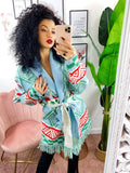 Cardigan frange e cinta celeste e verde