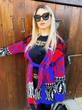 Cardigan rosso blu con frange e cinta