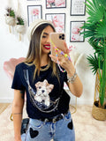 T-Shirt con bulldog e catena Nera