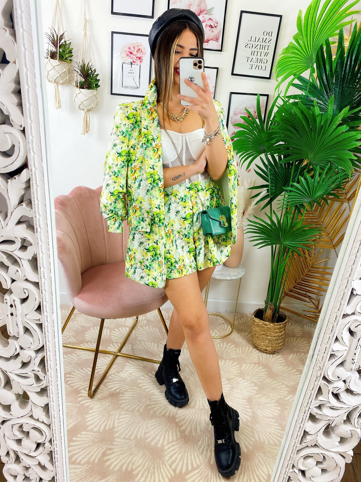 Completo Giacca e Short fiori lime
