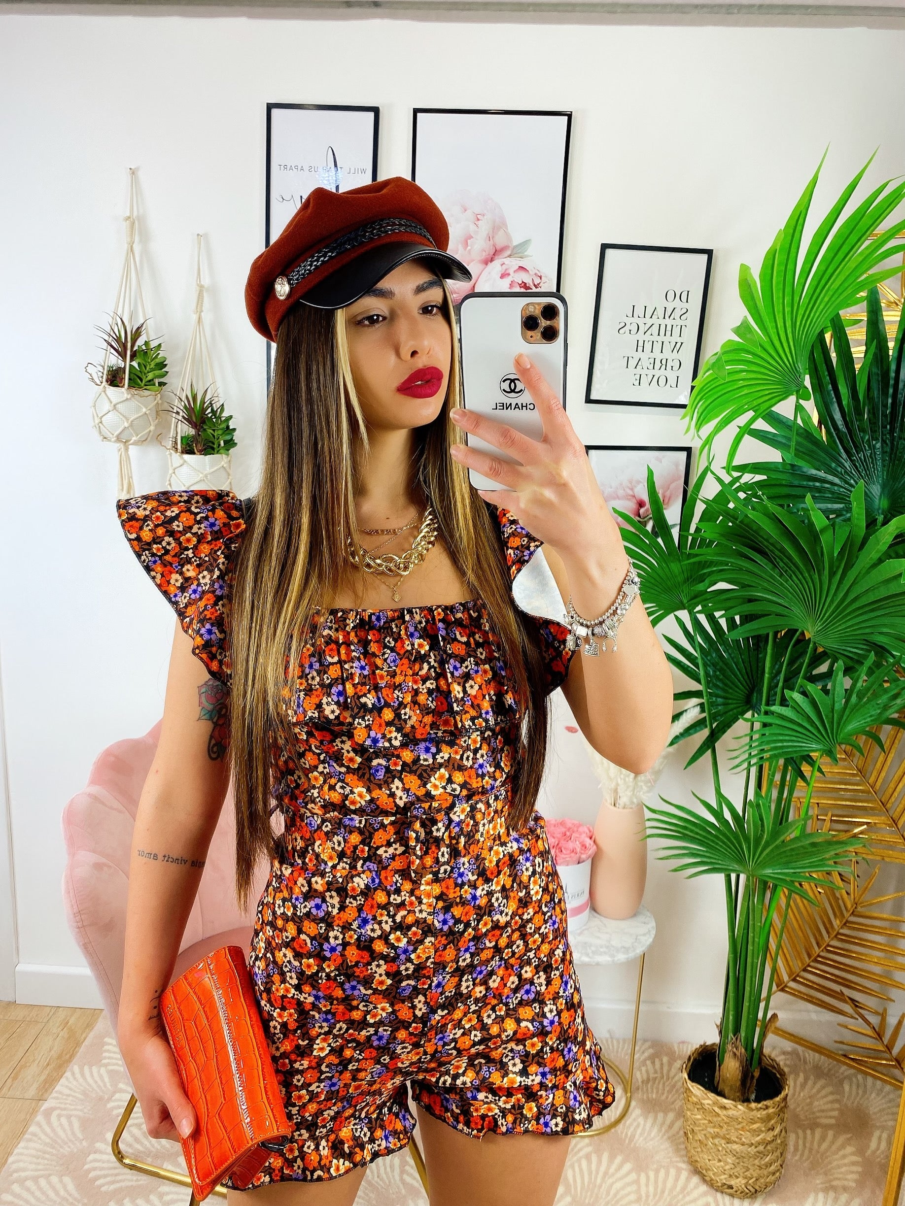 Tutina scollo a barca fiorellini arancio/viola