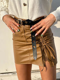 Gonna in ecopelle con arricciatura camel